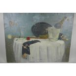 Table top after the party, still life, signed S. Belloni '55, oil on canvas, A/F, 32" x 26"