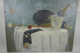 Table top after the party, still life, signed S. Belloni '55, oil on canvas, A/F, 32" x 26"