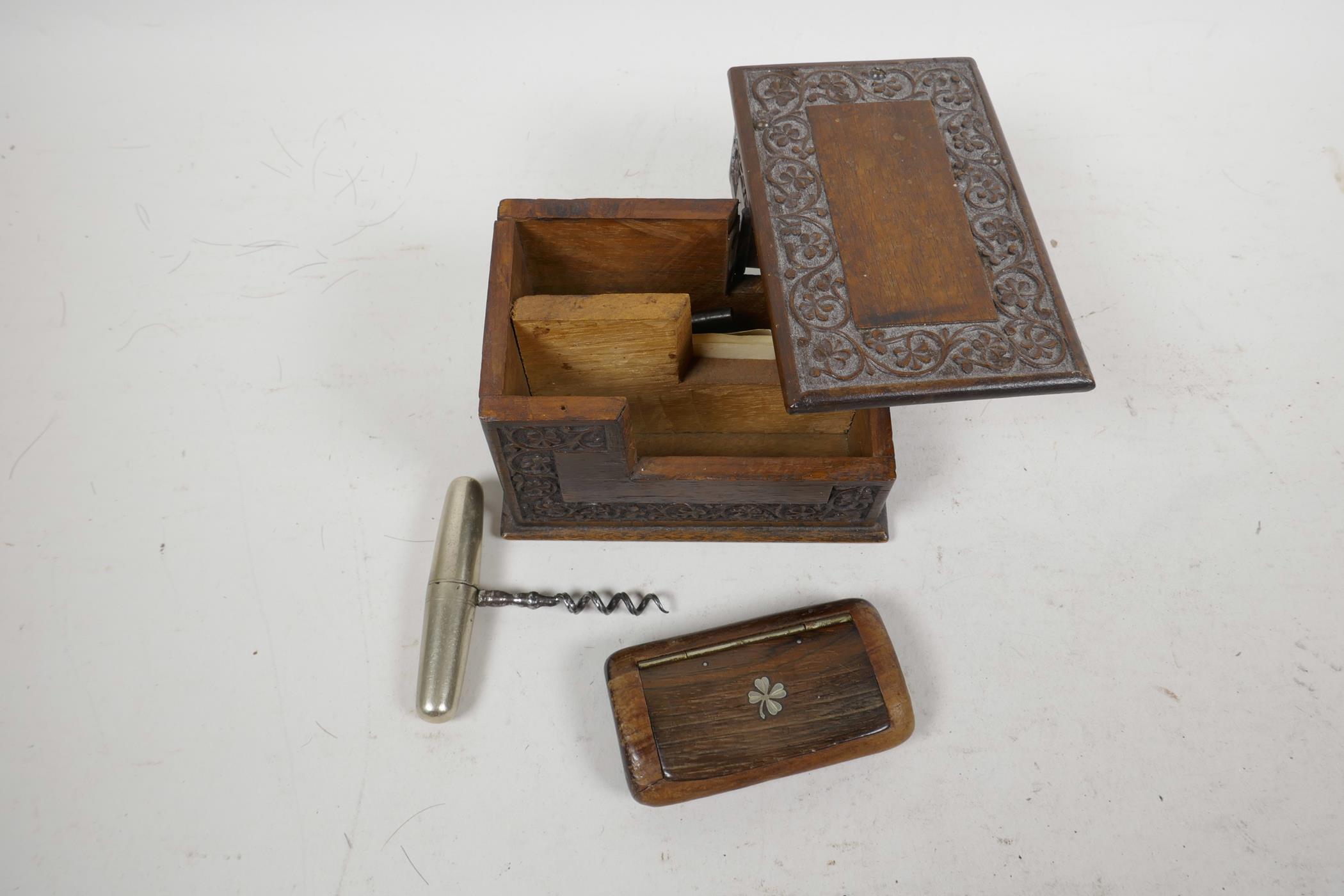 A small Kashmiri carved walnut card box, 4½" x 3" x 3", together with a carved hardwood snuff box - Image 2 of 4