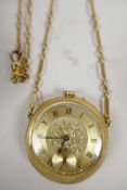 A late C19th, 18ct gold Swiss lady's Half Hunter pocket watch on a 9ct gold chatelaine chain, chased