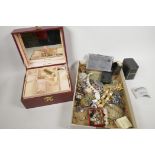 A box of costume jewellery together with an Elizabeth Arden make up/jewellery box, and a chrome