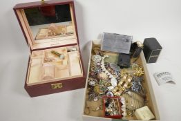 A box of costume jewellery together with an Elizabeth Arden make up/jewellery box, and a chrome