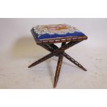 A Victorian Gypsy style stool with beadwork cover, 15" x 15" x 15"