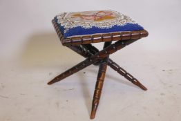A Victorian Gypsy style stool with beadwork cover, 15" x 15" x 15"
