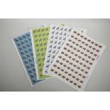 Four Chinese facsimile (replica) stamp sheets depicting animals of the Zodiac, 9½"x 13"