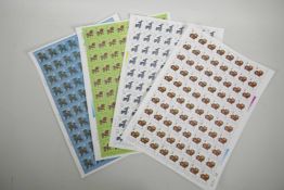 Four Chinese facsimile (replica) stamp sheets depicting animals of the Zodiac, 9½"x 13"