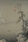 Chinese lake scene with fisherman in boat, signed with seal marks and calligraphy, 10" x 15½"