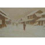 Y. Matsumoto (Japanese), winter village street scene, watercolour, 19½" x 12½"