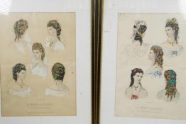 A pair of early French fashion prints illustrating various hairstyles from the journal La Mode