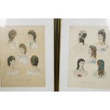 A pair of early French fashion prints illustrating various hairstyles from the journal La Mode