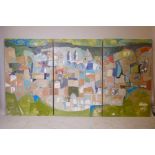 A Maltese triptych, abstract cityscape, mixed media on canvas, indistinctly signed, 50" x 69"