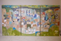 A Maltese triptych, abstract cityscape, mixed media on canvas, indistinctly signed, 50" x 69"