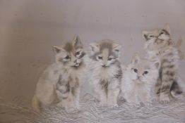 A Japanese silk embroidery of four kittens, late C19th/early C20th