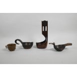 A Scandinavian carved wood kuksa cup, a similar long stemmed ladle, a Russian Skopkar carved wood