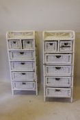 A pair of painted bamboo and cane chests of two over four basket drawers, 18" x 14" x 45"