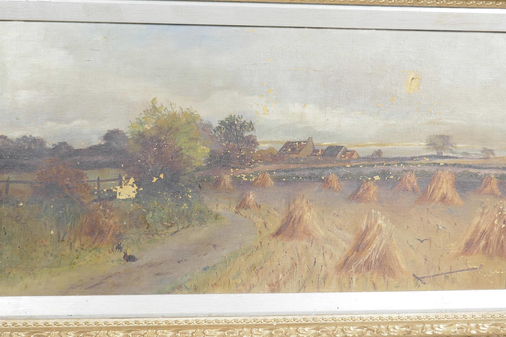 Corn stooks in a field with farm buildings beyond, 20" x 10" - Image 2 of 3