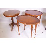 A pair of burr walnut occasional tables and an inlaid mahogany occasional table, 21" high