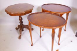 A pair of burr walnut occasional tables and an inlaid mahogany occasional table, 21" high