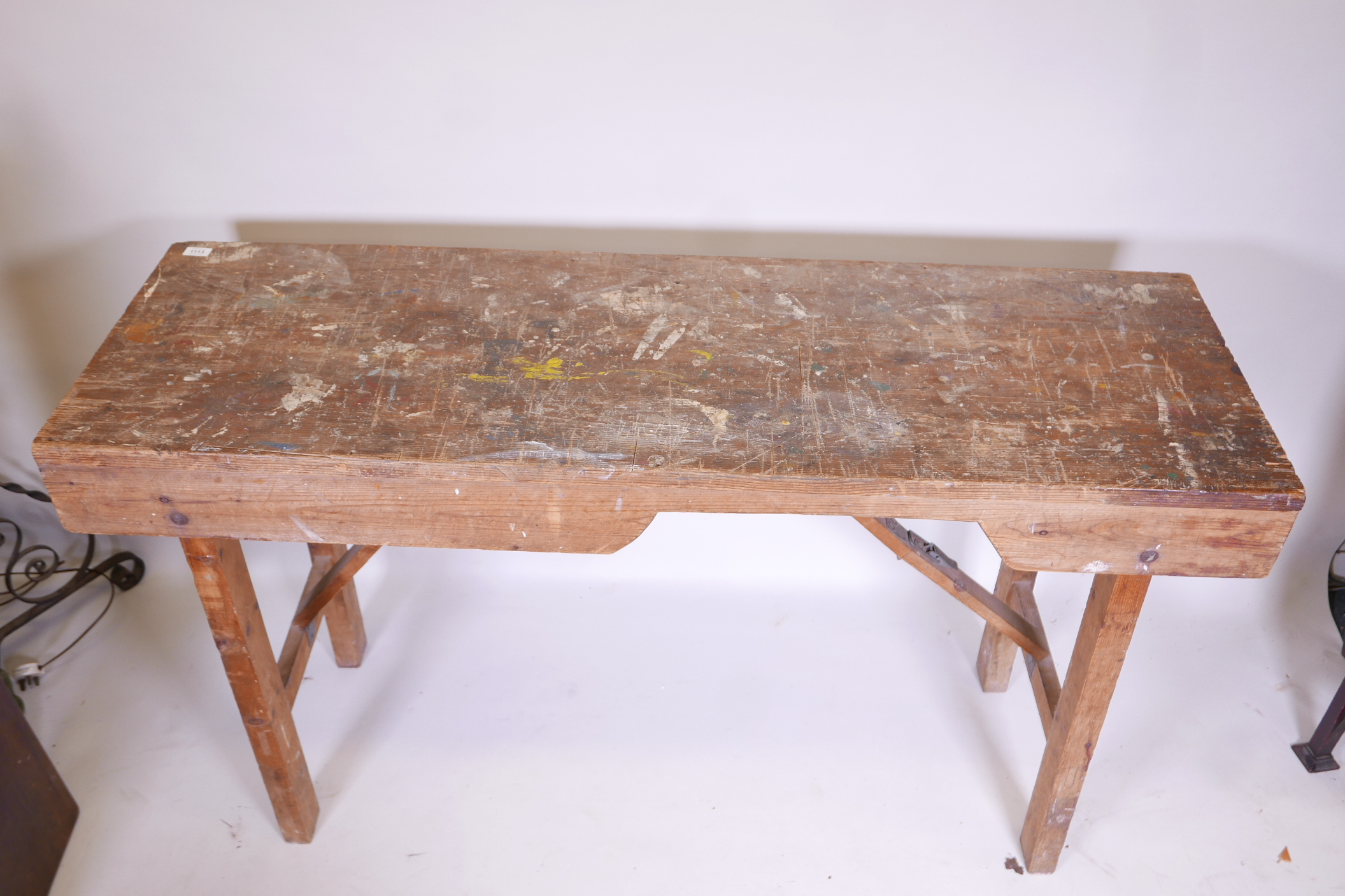 An antique pine workbench, with folding trestle supports, 60" x 20" x 34" - Image 2 of 2