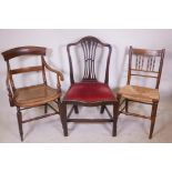 A C19th cane seated beech open armchair, a C19th mahogany chair with a pierced splat, and a rush
