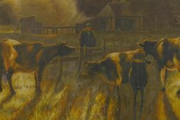 Autumnal landscape with cattle and drover, signed F. Hall, oil on canvas laid on board, 11" x 9½"