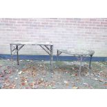 A marble topped wrought iron demilune conservatory table, and another similar, largest 18" x 36",