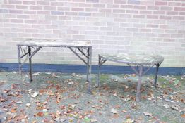 A marble topped wrought iron demilune conservatory table, and another similar, largest 18" x 36",