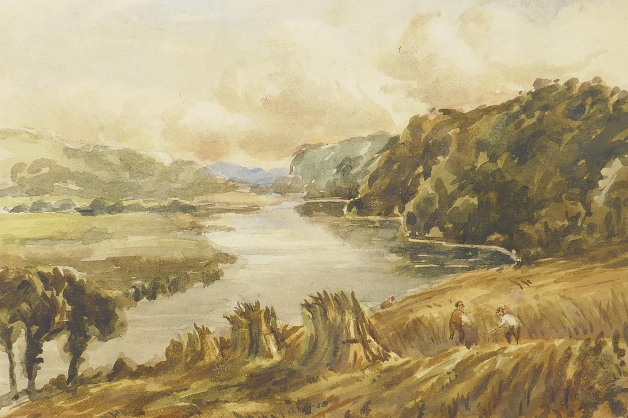 H.F. Marks, C19th watercolour riverside with figures harvesting corn, 9½" x 7", signed and dated