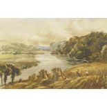 H.F. Marks, C19th watercolour riverside with figures harvesting corn, 9½" x 7", signed and dated