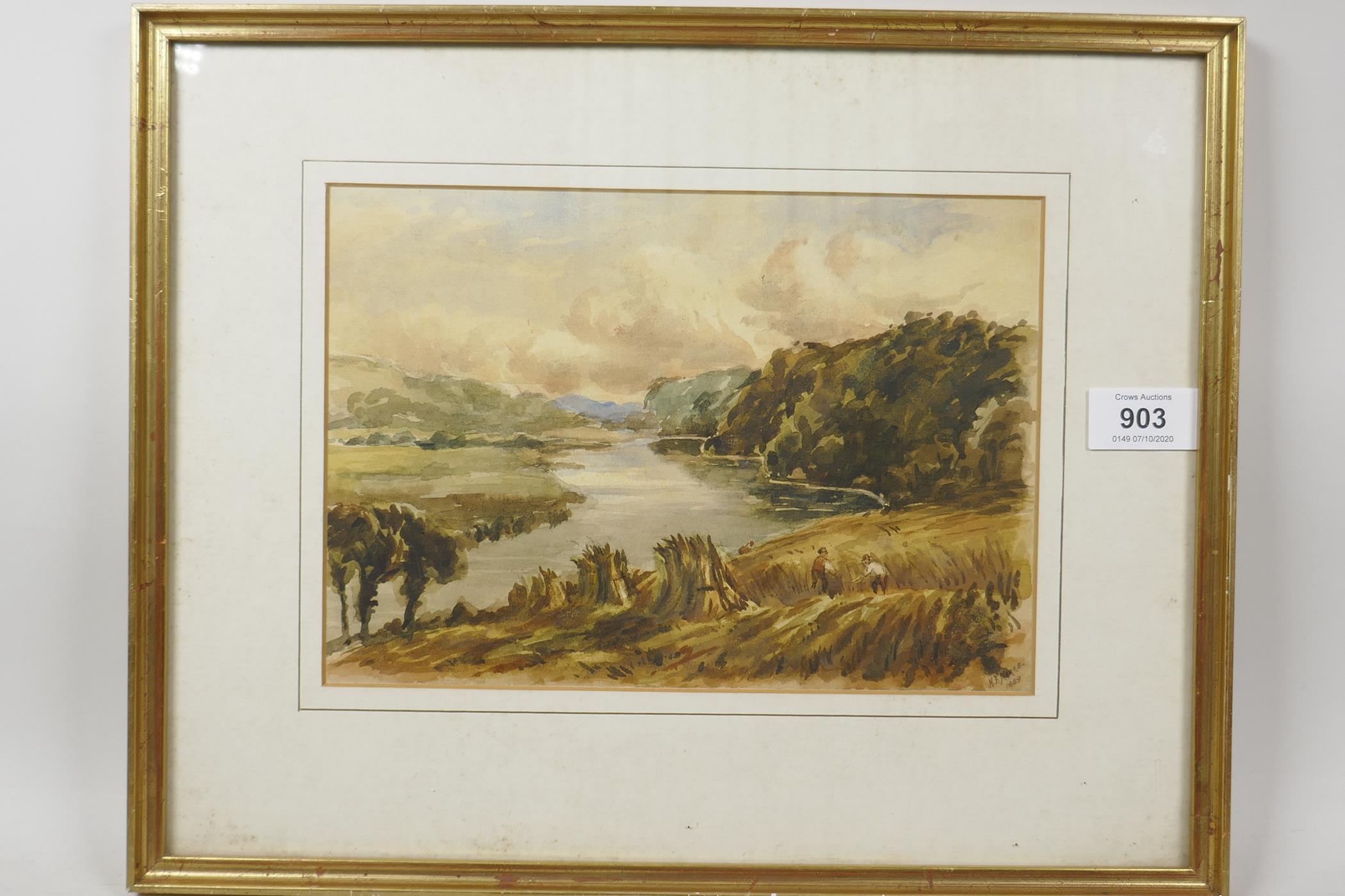 H.F. Marks, C19th watercolour riverside with figures harvesting corn, 9½" x 7", signed and dated - Image 2 of 4