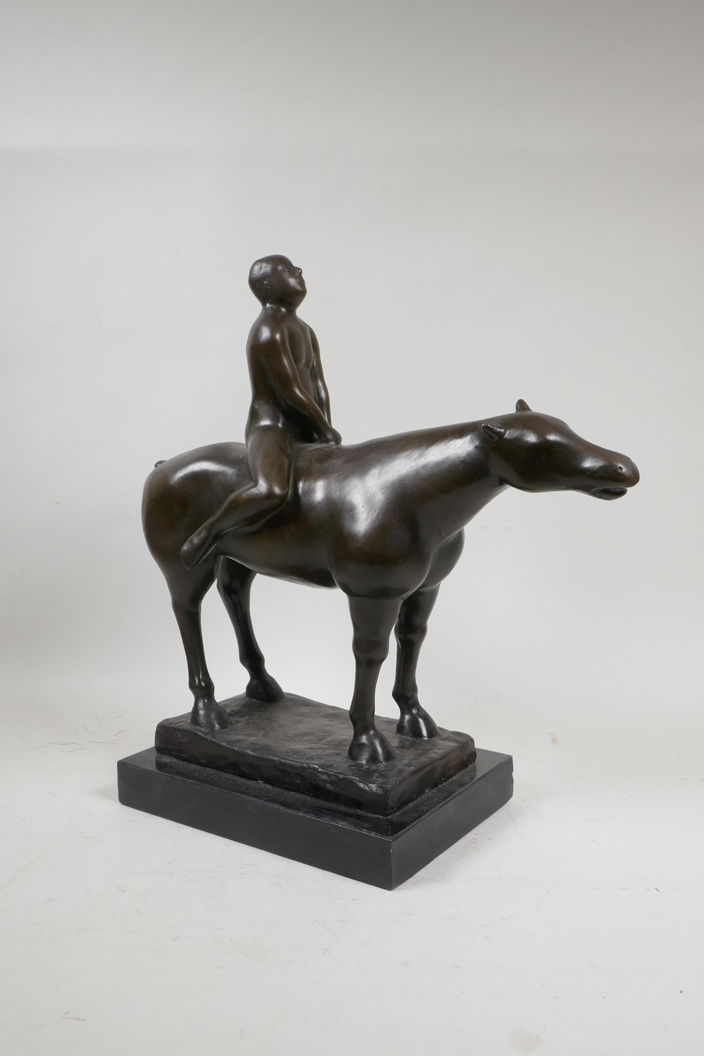 After Marino Marini, 'Horseman', bronzed figure on horseback, 14½" high