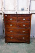 A Victorian mahogany bowfront chest of two over three drawers, with rounded corners, raised on a