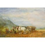 Figures with horses resting in a landscape, oil on board, 6½" x 11½"