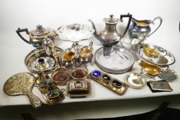 A box of silver plated wares including Viners, Walker & Hall etc, and a small WMF baptism mug