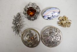 Two American sterling silver brooches together with a Scottish silver thistle and citrine brooch,