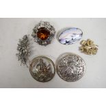 Two American sterling silver brooches together with a Scottish silver thistle and citrine brooch,