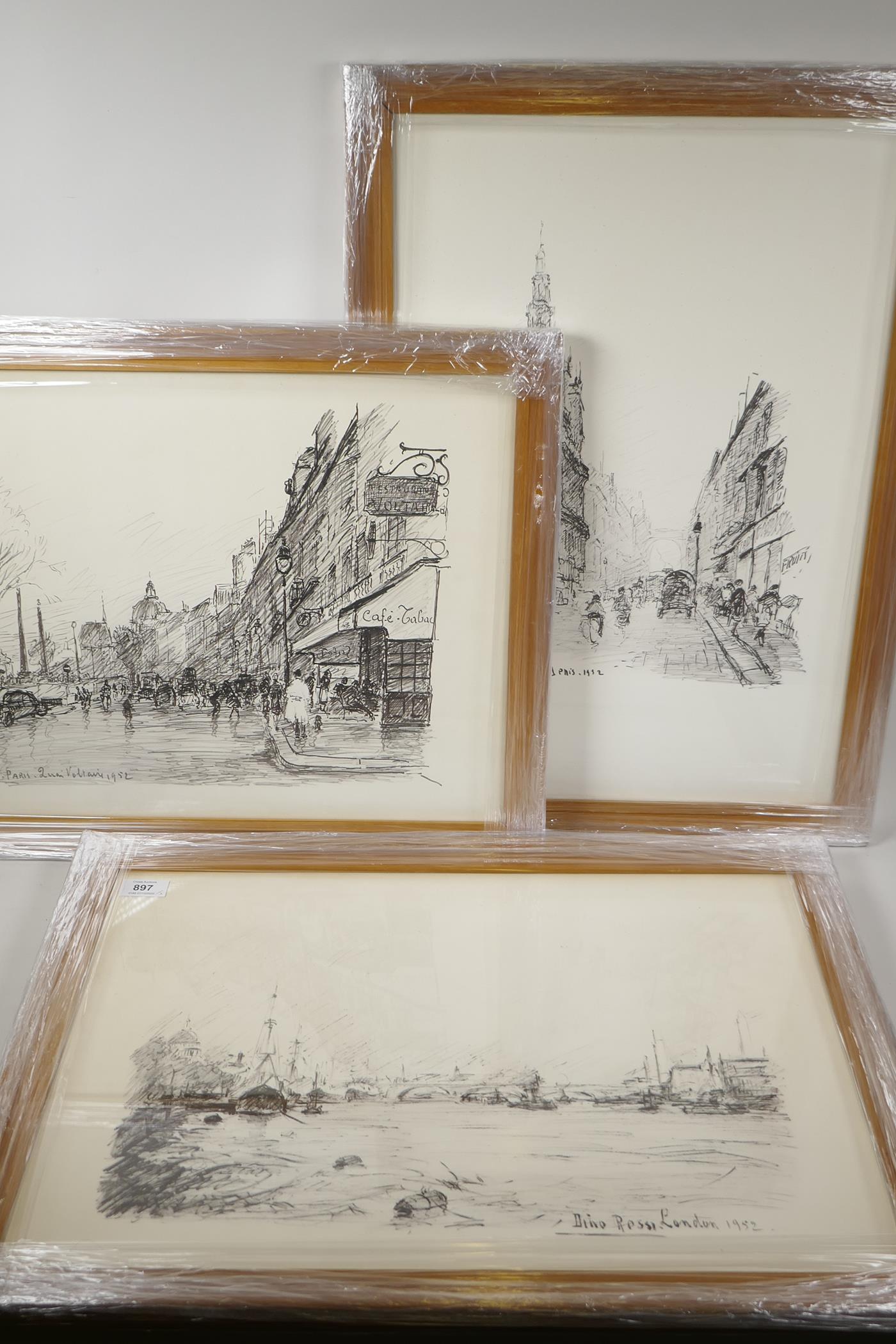 Dino Rossi, three monochrome prints depicting London and Paris city scenes, frames 25" x 18" - Image 4 of 4