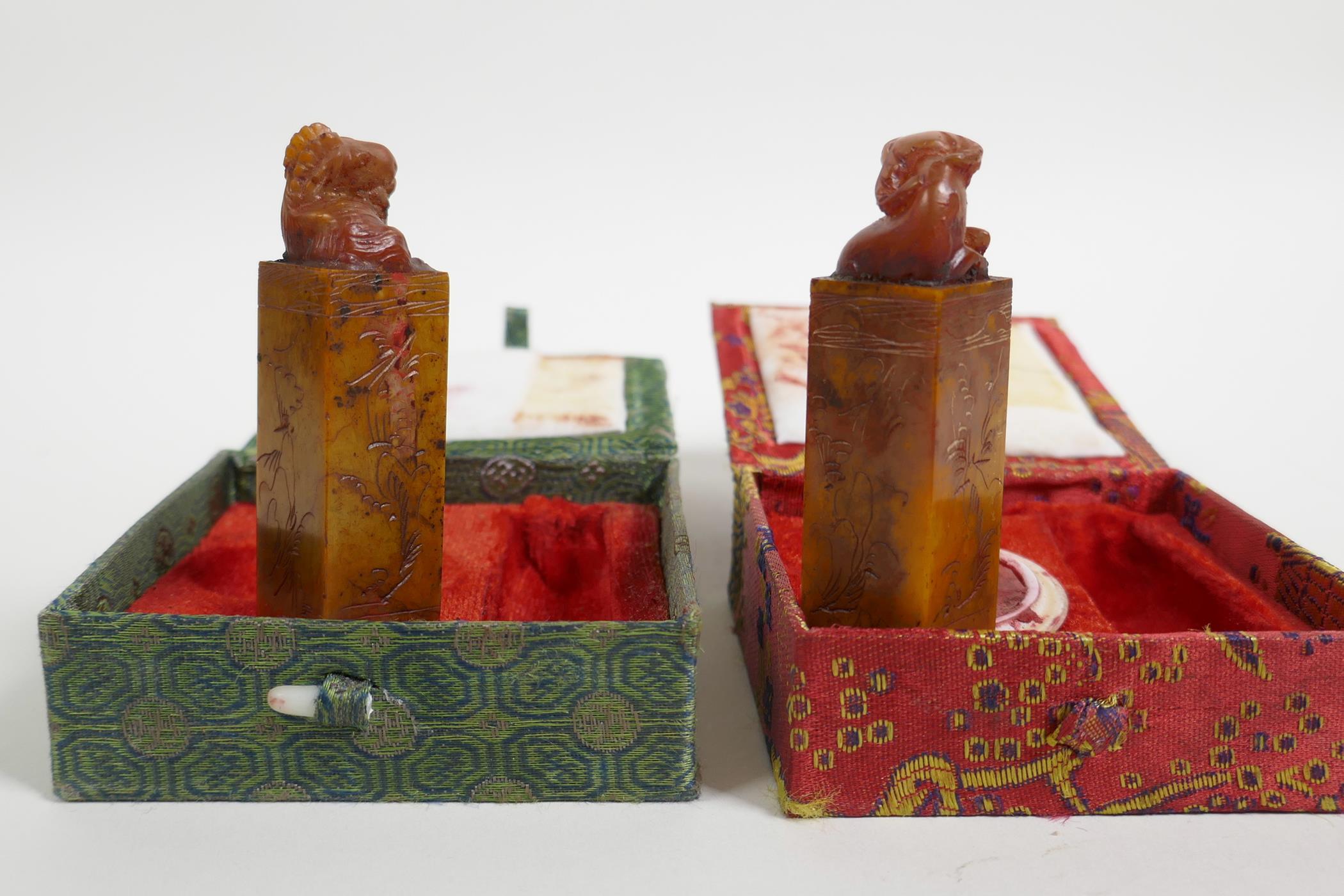 Two boxed Chinese soapstone seals with carved knops of a buffalo and goat, 3" high - Image 3 of 4