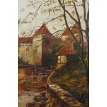 E.M.C. (British, late C19th), 'A Flemish Castle', monogrammed lower right recto, oil on canvas,