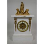 An onyx and gilt mantel clock, with an enamel dial surmounted by ormolu mounts, a gilt Britannia and