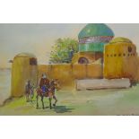 H.A. Sivaio Decon(?), Arabs on horseback in front of a mosque, watercolour, 12" x 8½"