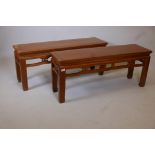 A pair of Chinese hardwood low tables, 45" x 12½? x 19" high