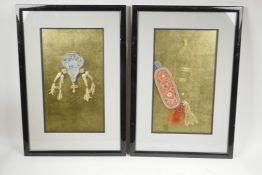 A pair of C19th Chinese framed silk embroidered textiles, frame 20½" x 14¼"