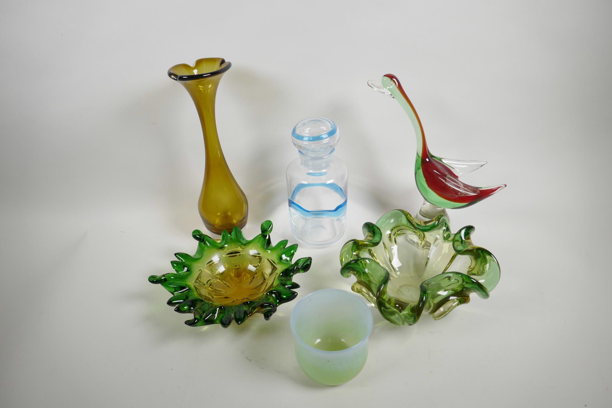 Two shaped studio glass dishes with green frilled edges fading to vaseline centres, 8½" diameter,