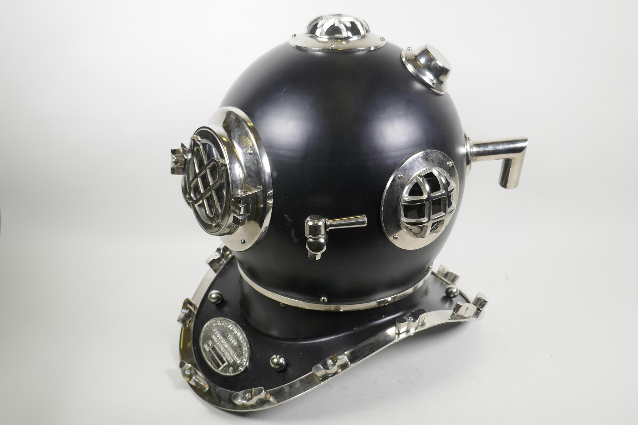 A replica U.S. Navy diver's helmet with chrome plated fittings, 16" high