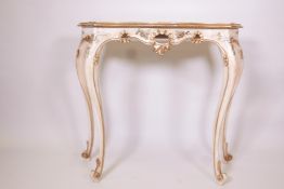 An Italian painted shaped top cabriole legged console table painted with flowers and butterflies,
