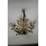 A 1950s flower pattern painted metal chandelier, 222 diameter, 20" high