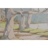 Trees by a lake, signed M De Neale Morgan, gouache painting, 9½" x 13"