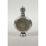 A Chinese white metal snuff bottle set with two coins to sides and climbing kylin to the