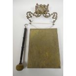 A brass dinner gong on cast brass bracket, comes with wooden hammer, gong 8" x 6¼"